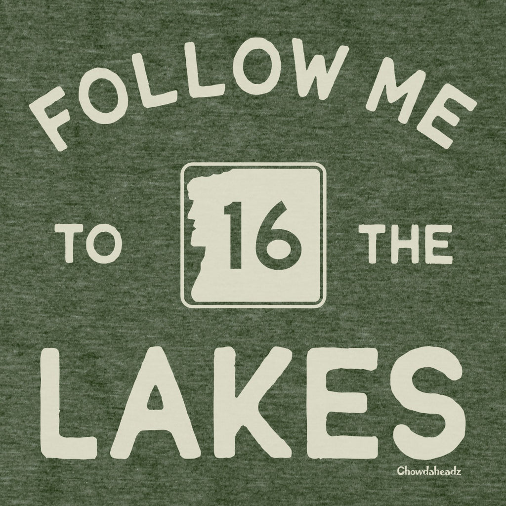 Follow Me To The Lakes NH hoodie graphic detail in Military Green