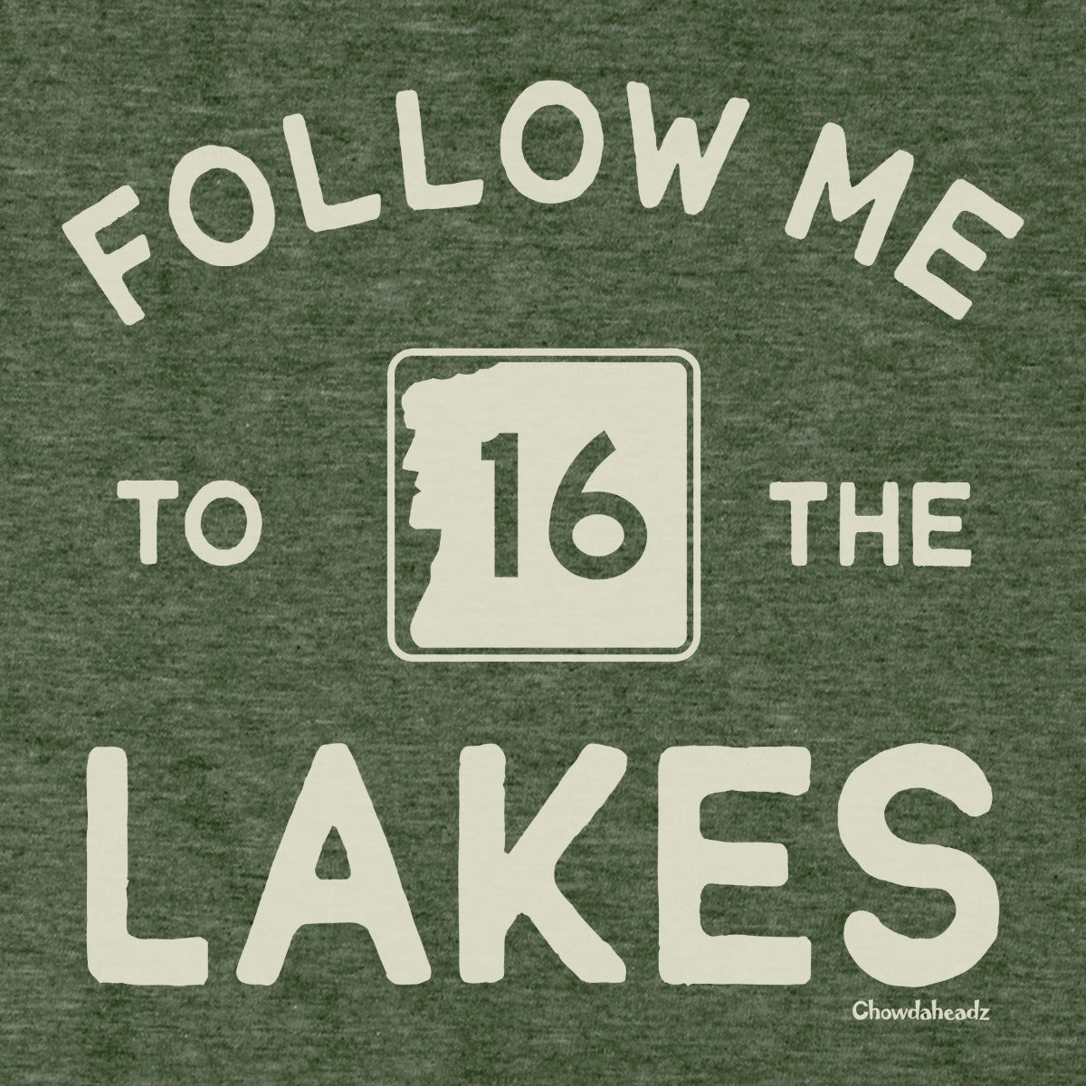 Follow Me To The Lakes NH hoodie graphic detail in Military Green