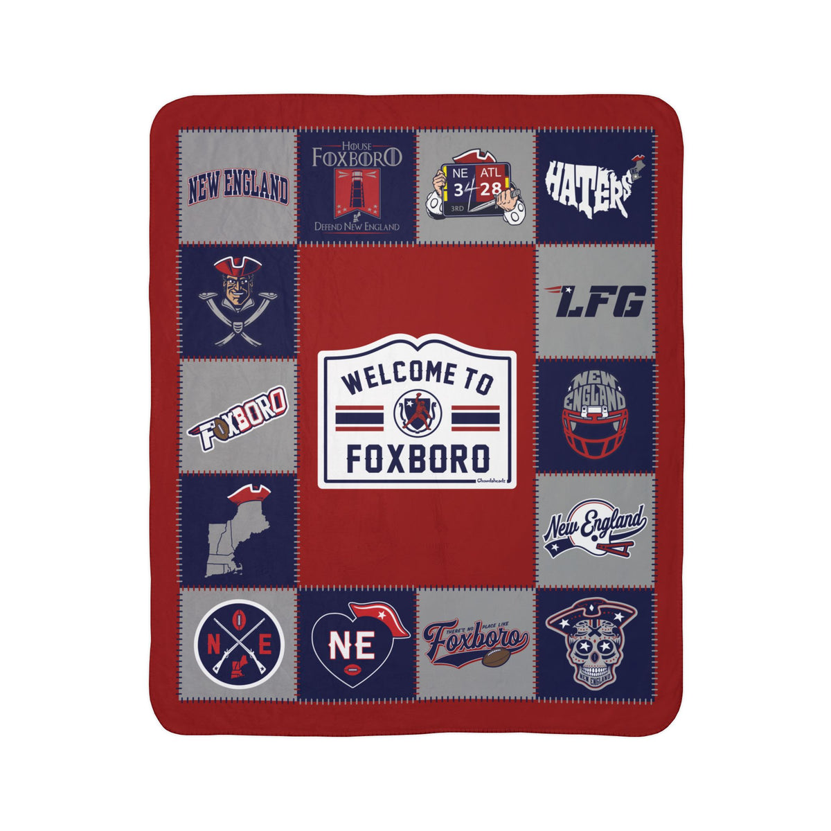 New England football fleece sherpa blanket laid flat with red, navy and gray graphics around a Welcome to Foxboro sign