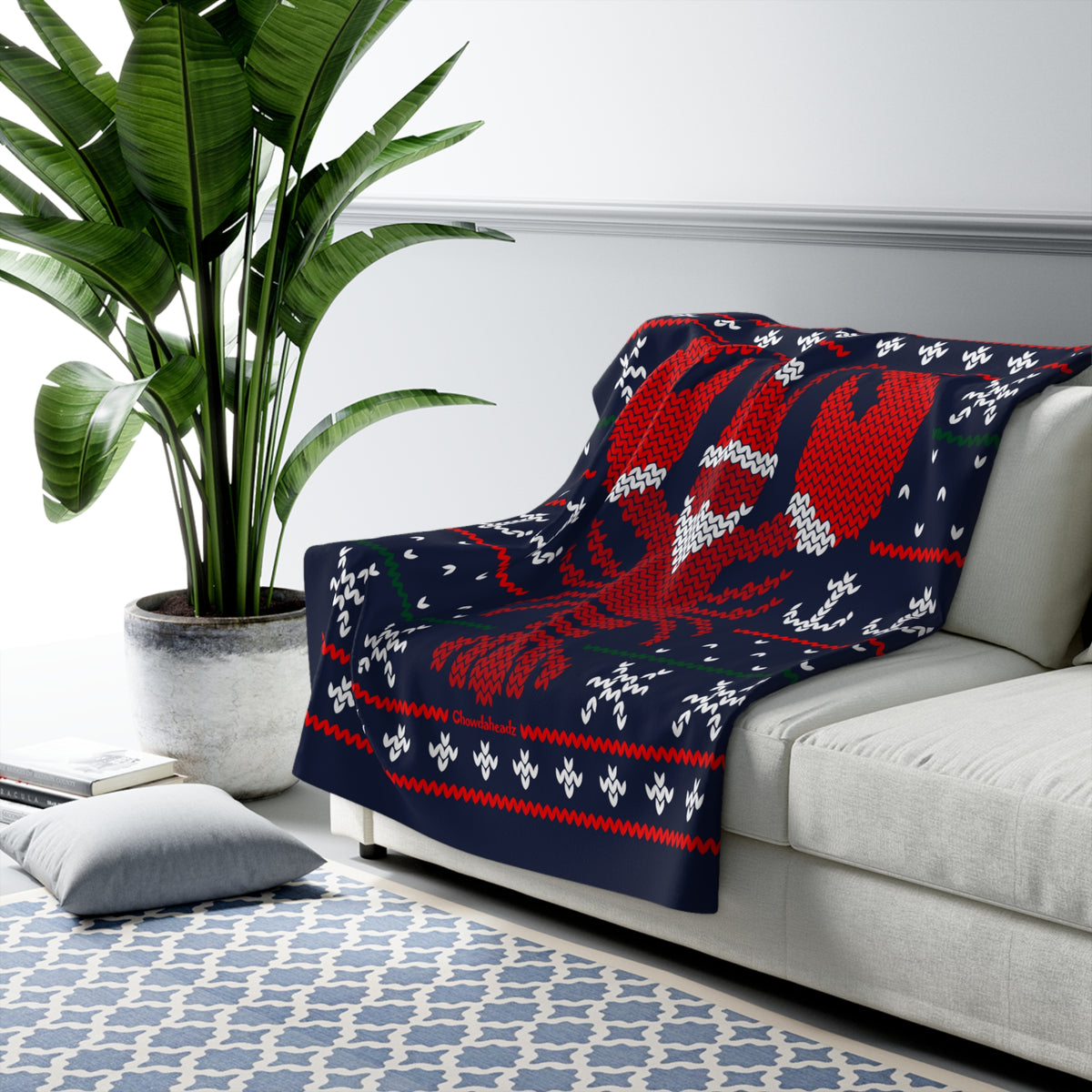 Boston Lobstah Ugly Holiday Sweater Sherpa Fleece Blanket - Chowdaheadz