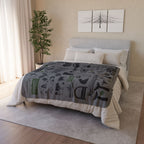 Vermont tourist-attraction fleece blanket spread across a bed in a neutral bedroom