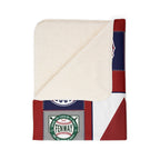 Folded corner of Boston baseball blanket showing cream sherpa underside and Fenway print