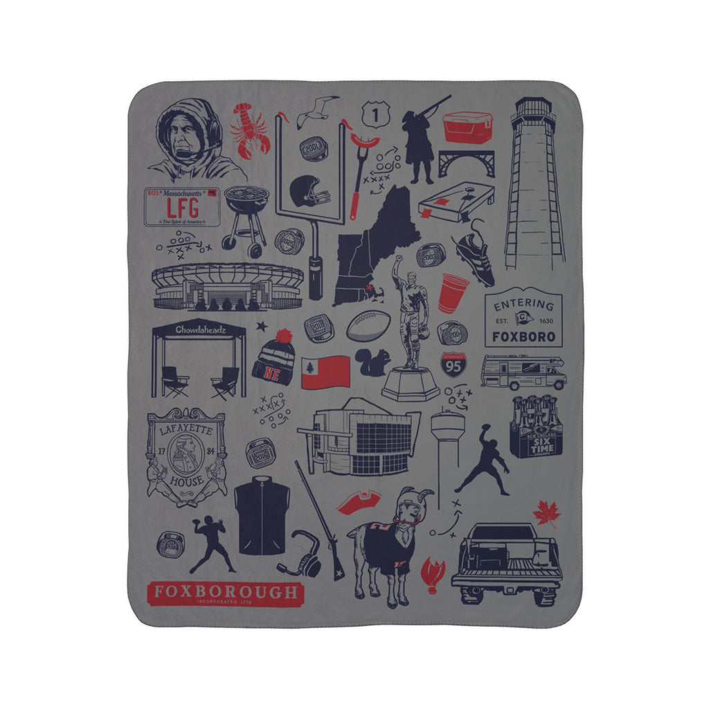 Gray Foxboro football fleece sherpa blanket laid flat with navy and red stadium, lighthouse and tailgate illustrations