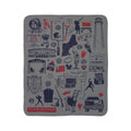 Gray Foxboro football fleece sherpa blanket laid flat with navy and red stadium, lighthouse and tailgate illustrations