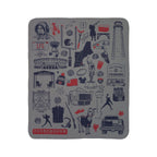 Gray Foxboro football fleece sherpa blanket laid flat with navy and red stadium, lighthouse and tailgate illustrations