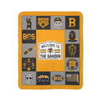 Boston hockey fleece sherpa blanket laid flat with gold, black and gray bear graphics and a Welcome to the Gahden sign