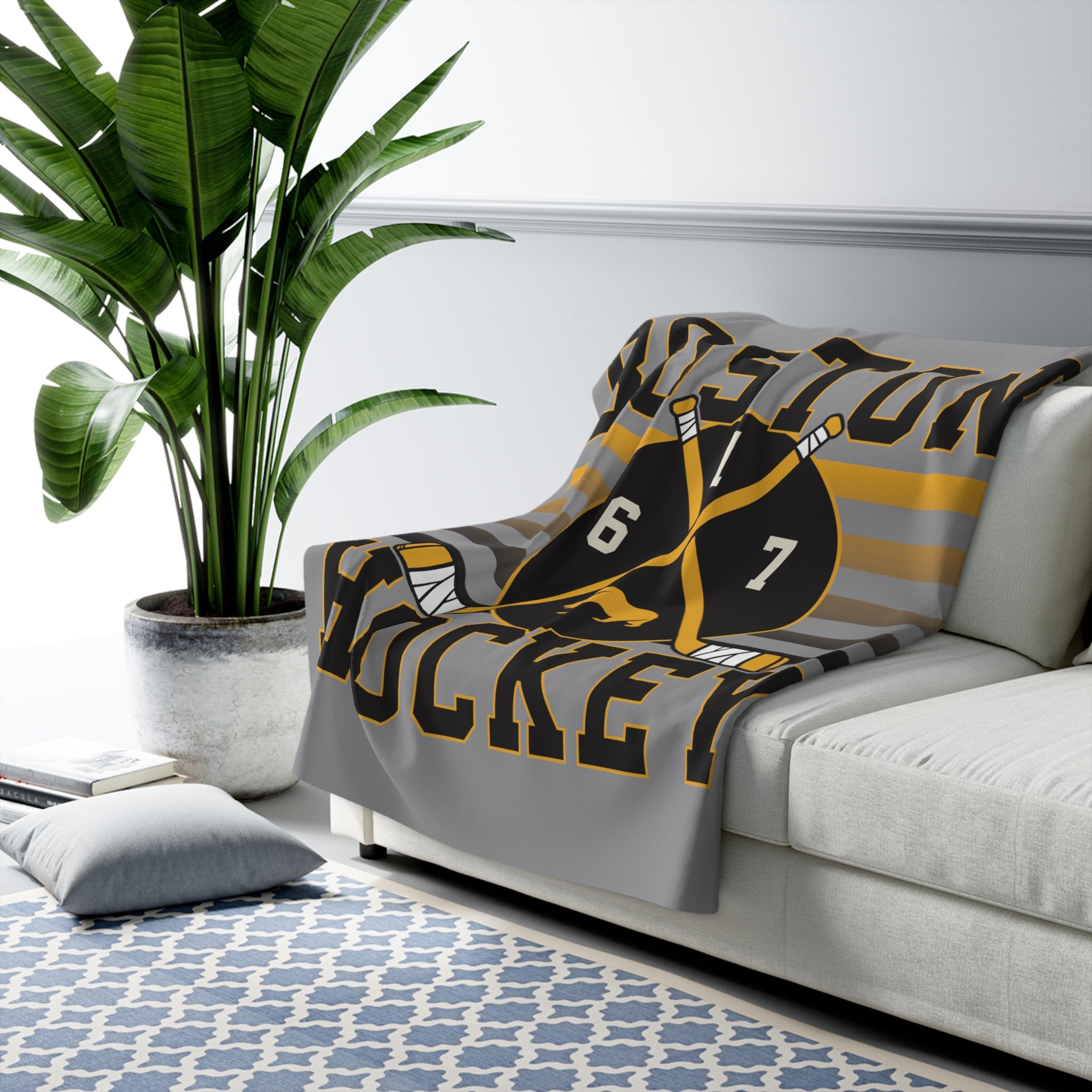 Boston Hockey Crossed Sticks Sherpa Fleece Blanket - Chowdaheadz