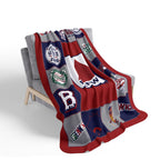 Boston baseball Fenway patchwork-style fleece blanket draped over a gray chair