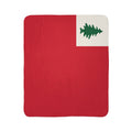 Vintage New England flag fleece sherpa blanket laid flat with a red field and green pine tree in a light-colored corner