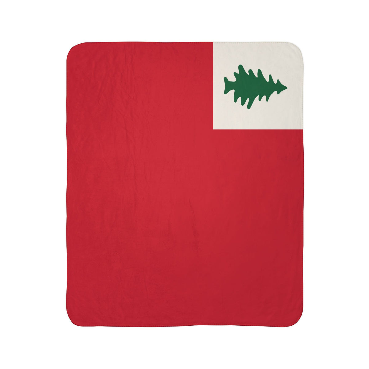 Vintage New England flag fleece sherpa blanket laid flat with a red field and green pine tree in a light-colored corner