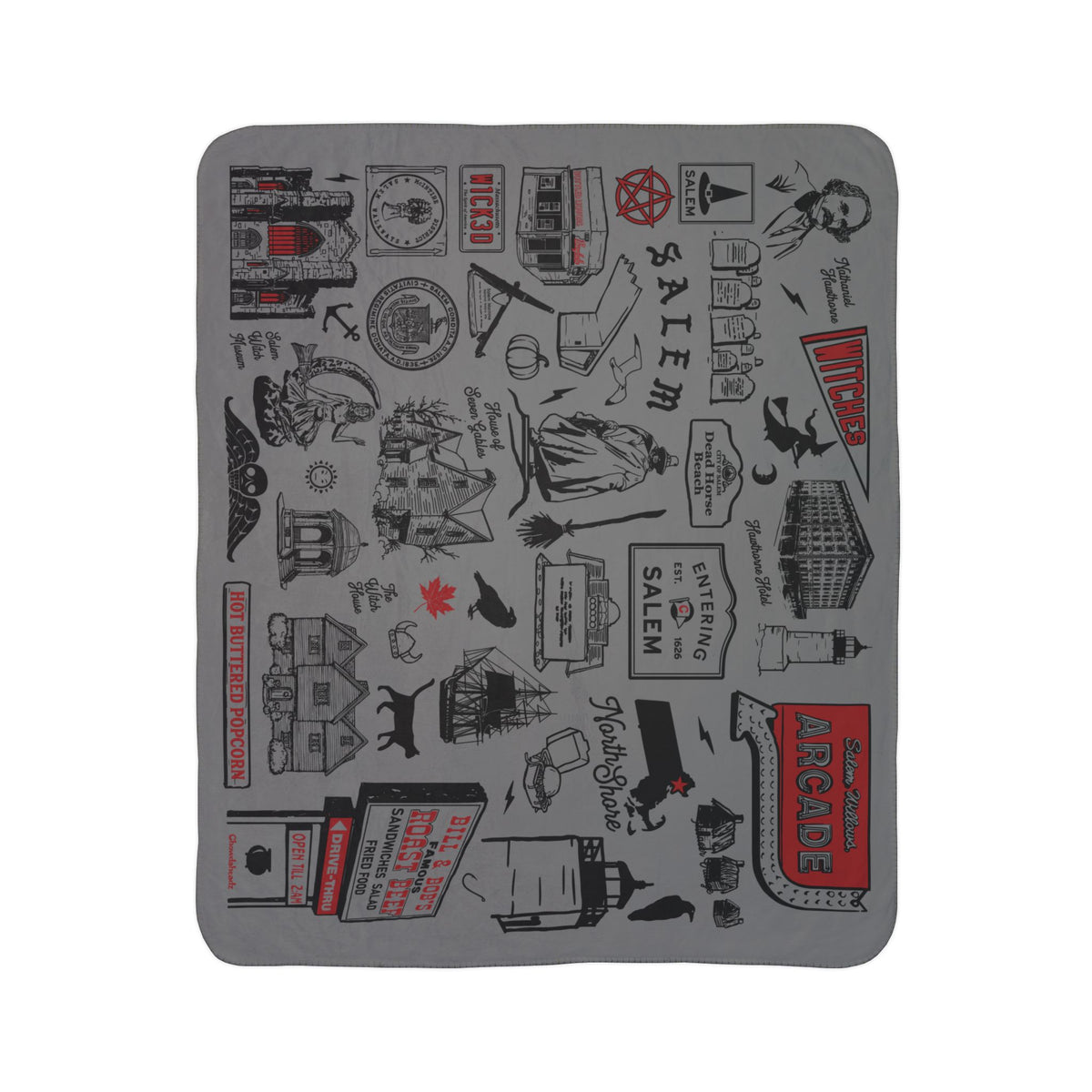 Salem fleece sherpa blanket laid flat with black landmark and witch illustrations and red accents on gray