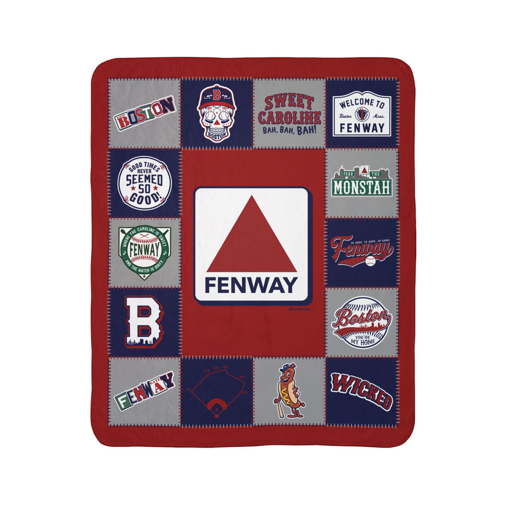 Boston baseball fleece sherpa blanket laid flat with red, navy and gray Fenway patchwork-style graphics