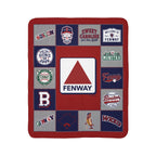 Boston baseball fleece sherpa blanket laid flat with red, navy and gray Fenway patchwork-style graphics