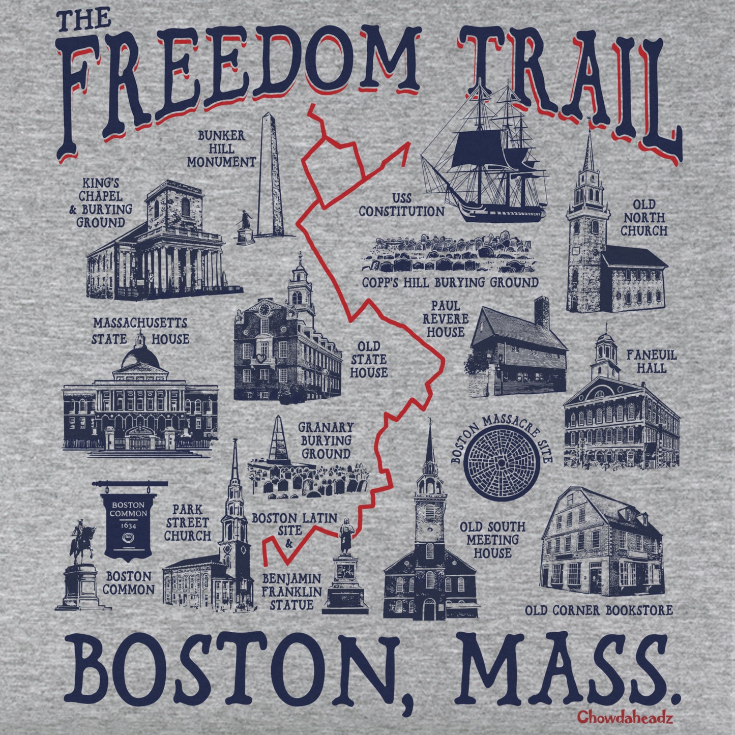 Boston Freedom Trail Sites Youth T-Shirt - Chowdaheadz