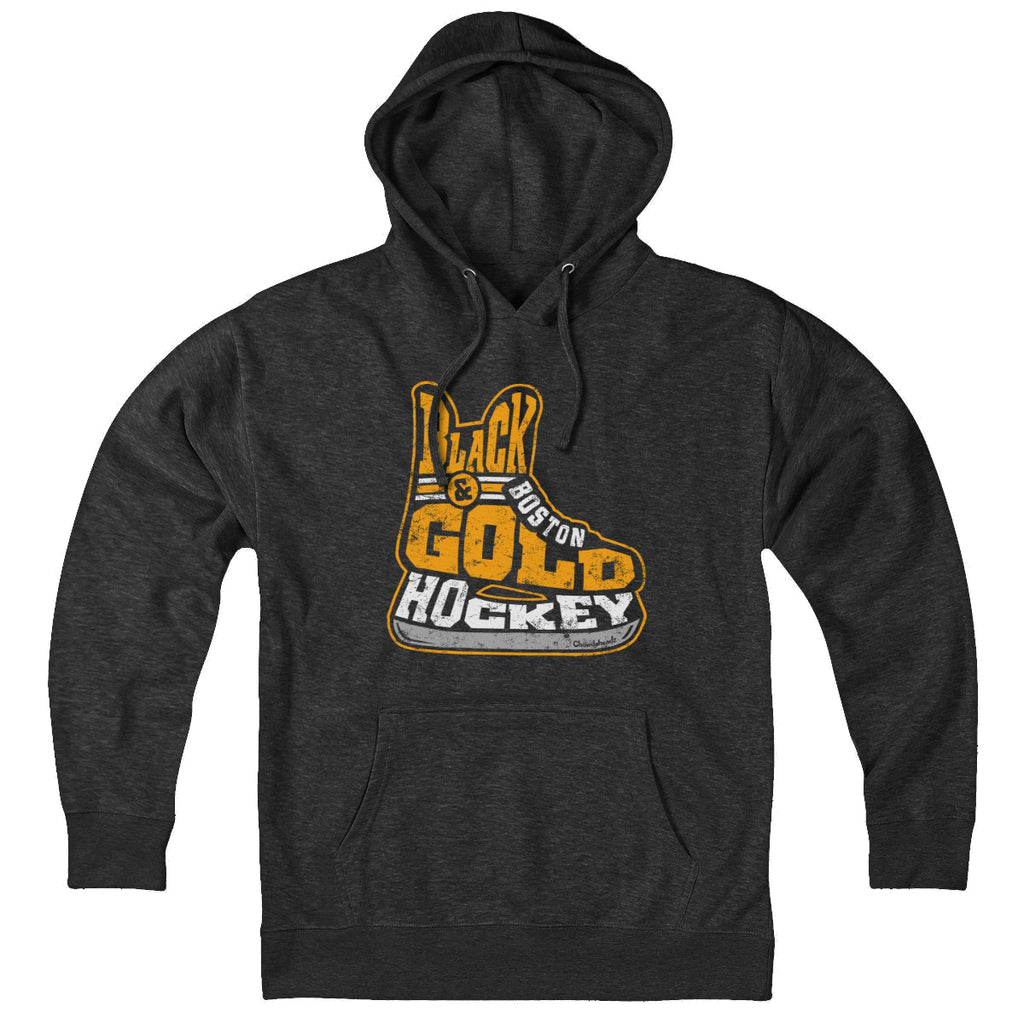 Charcoal pullover hoodie with a gold and white Boston hockey skate graphic and pouch pocket