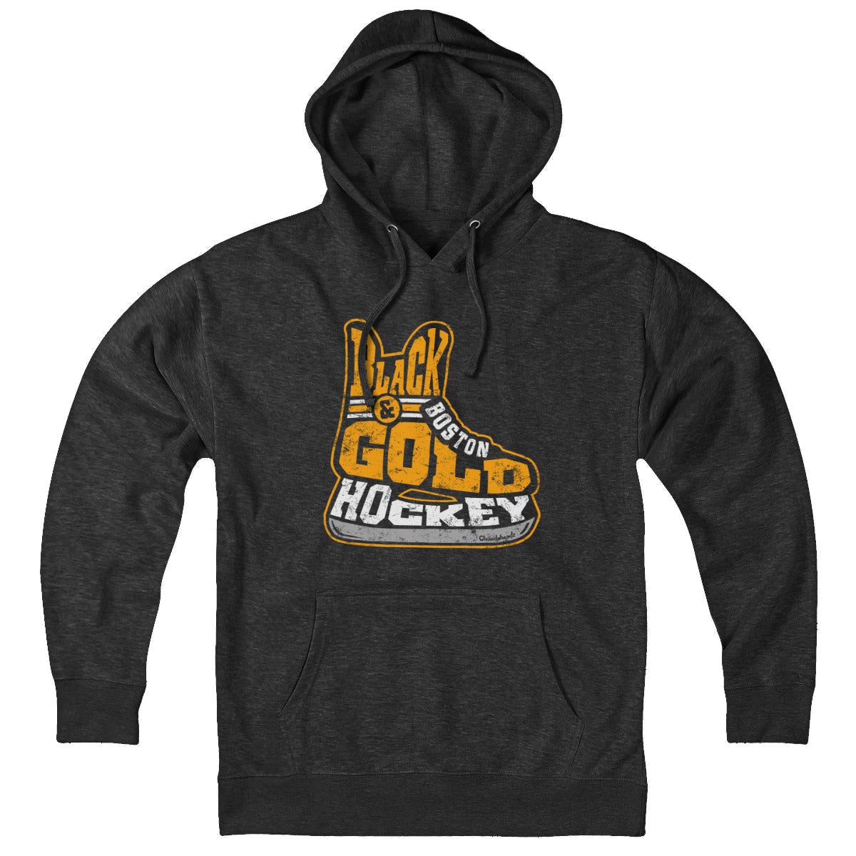 Charcoal pullover hoodie with a gold and white Boston hockey skate graphic and pouch pocket