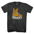Charcoal T-shirt with a distressed gold and white Boston hockey skate graphic