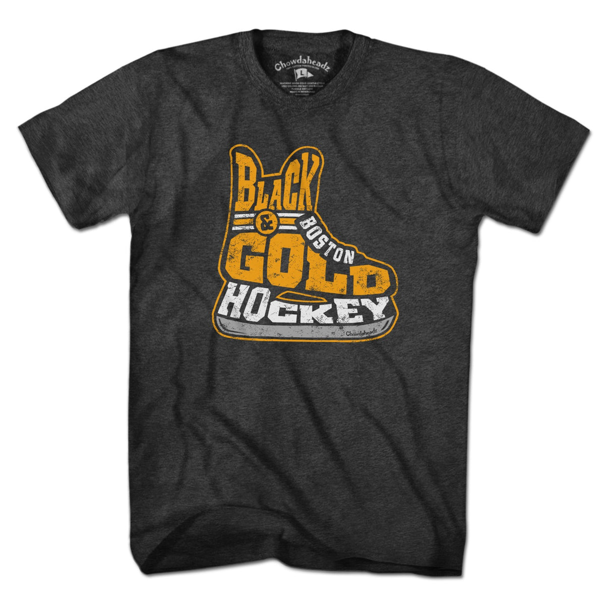 Charcoal T-shirt with a distressed gold and white Boston hockey skate graphic