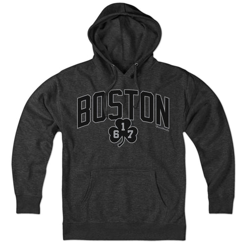 Boston Arch 617 Shamrock Blackout Hoodie — hoodie flat lay in Charcoal
