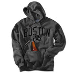 Front view of charcoal Tailgater Hoodie with black BOSTON arch, 617 shamrock, and bottle in the beverage pouch