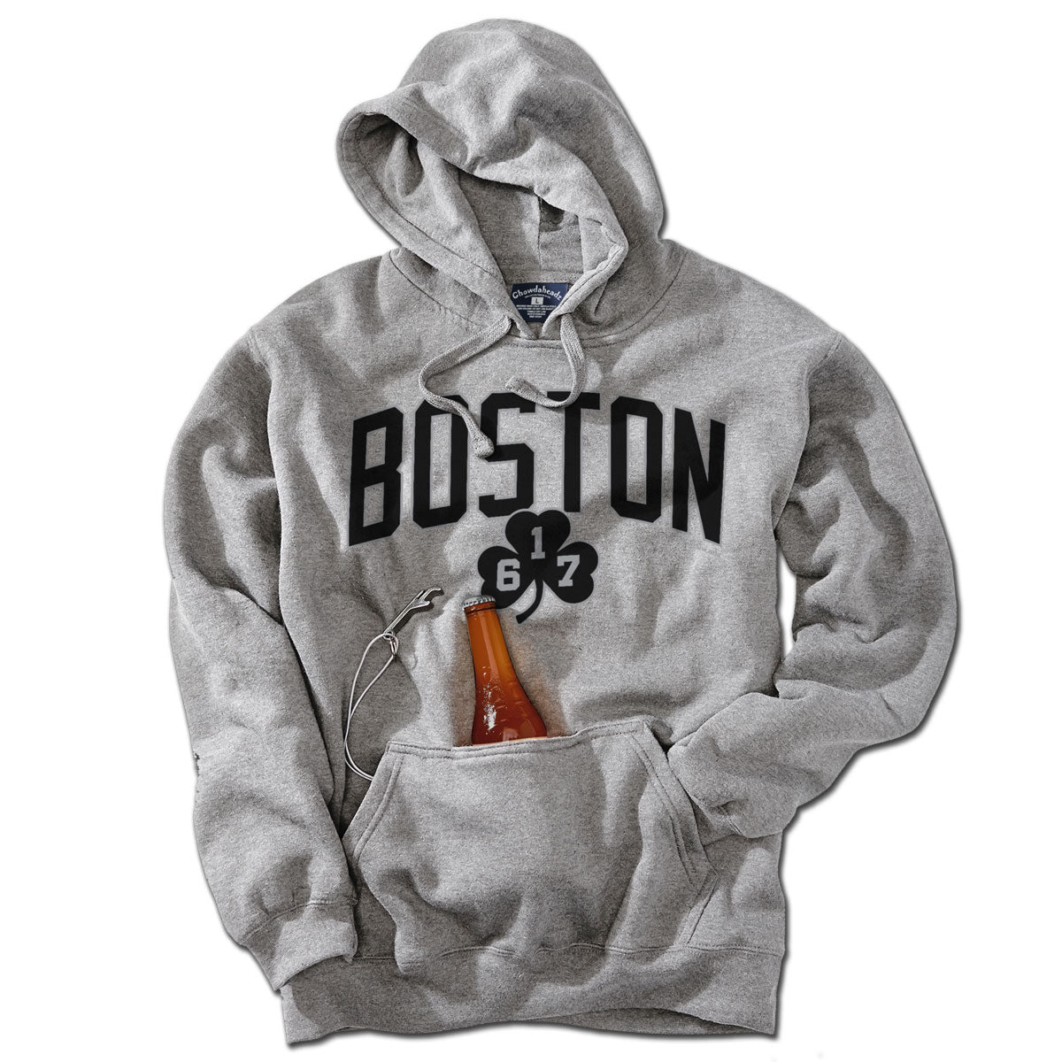 Front view of gray Tailgater Hoodie with black BOSTON arch, 617 shamrock, and bottle in the beverage pouch