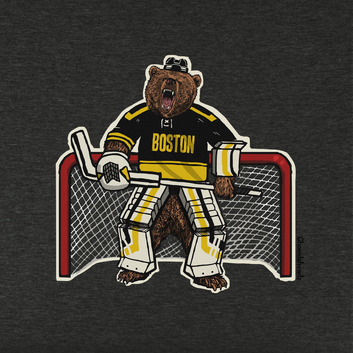 Close-up of the Goalie Bear hockey design on charcoal