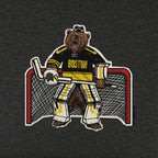 Close-up of the Goalie Bear hockey design on charcoal