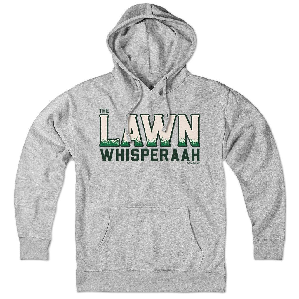 Gray Lawn Whisperaah pullover hoodie with cream and green lettering and grass details