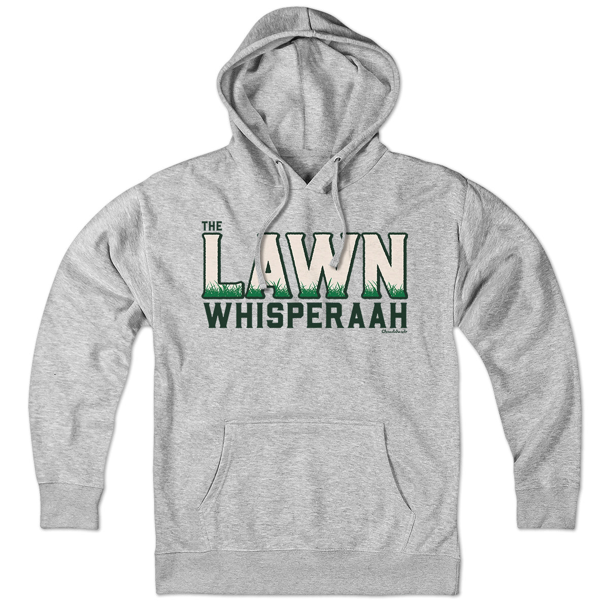 Gray Lawn Whisperaah pullover hoodie with cream and green lettering and grass details