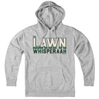 Gray Lawn Whisperaah pullover hoodie with cream and green lettering and grass details