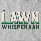Close-up of Lawn Whisperaah lettering with green grass details on gray hoodie fabric