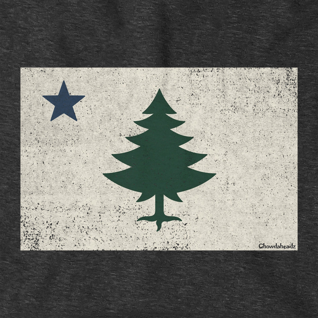 Vintage Maine Flag Hoodie — graphic detail in Charcoal