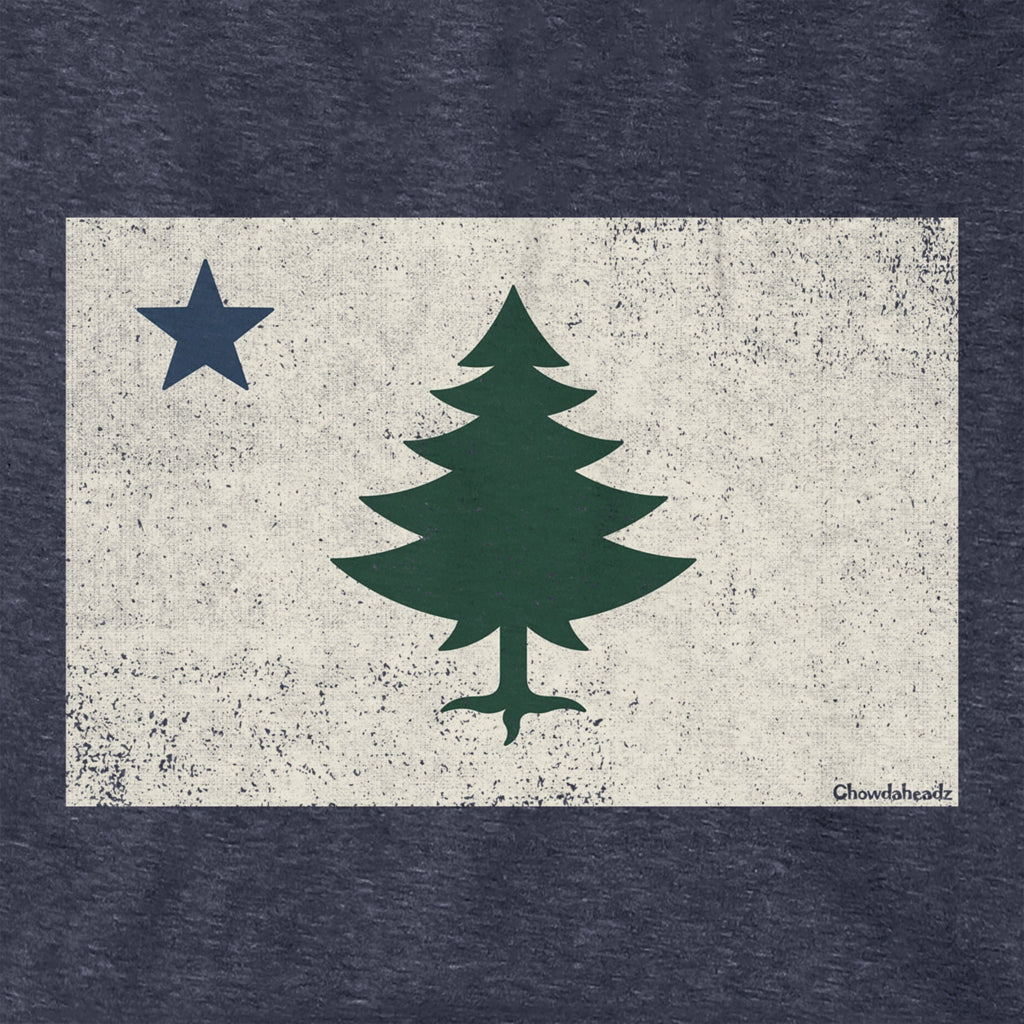 Vintage Maine Flag Hoodie — graphic detail in Heather Blue