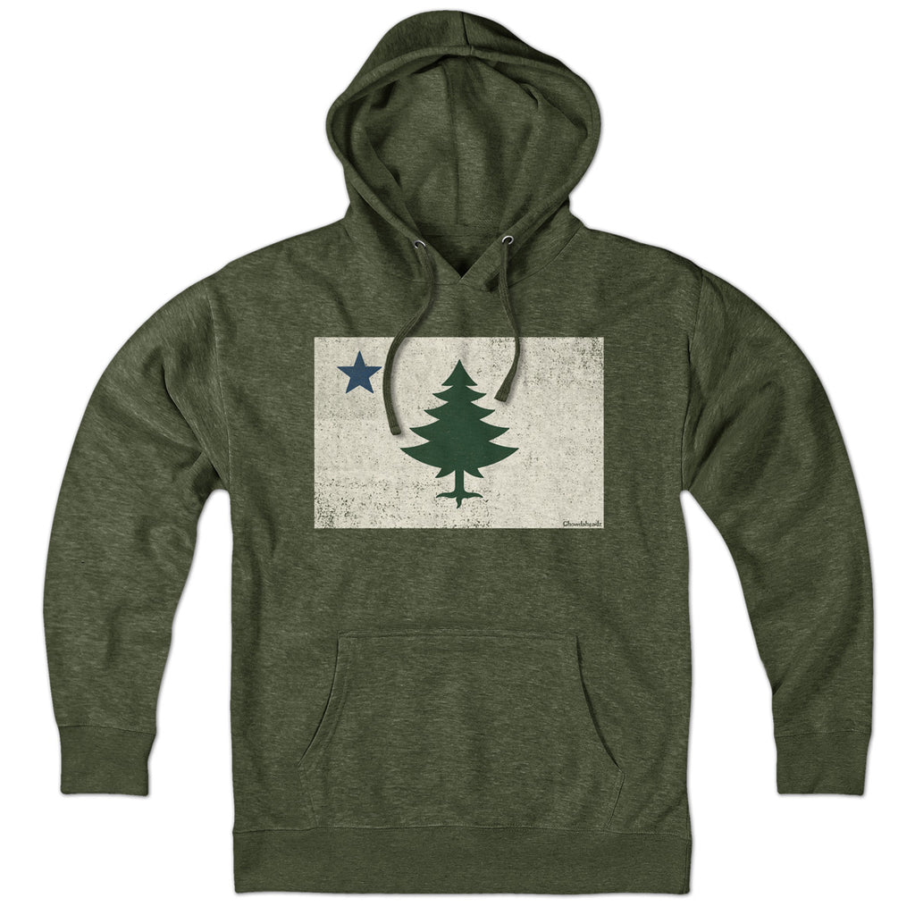 Vintage Maine Flag Hoodie — hoodie flat lay in Military Green