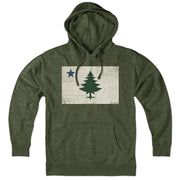 Vintage Maine Flag Hoodie — hoodie flat lay in Military Green