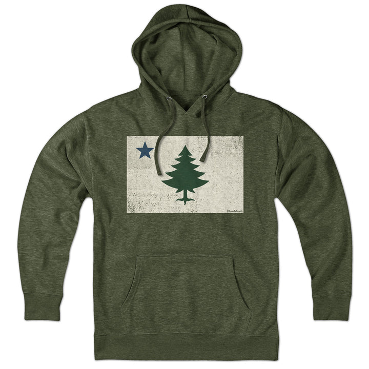 Vintage Maine Flag Hoodie — hoodie flat lay in Military Green