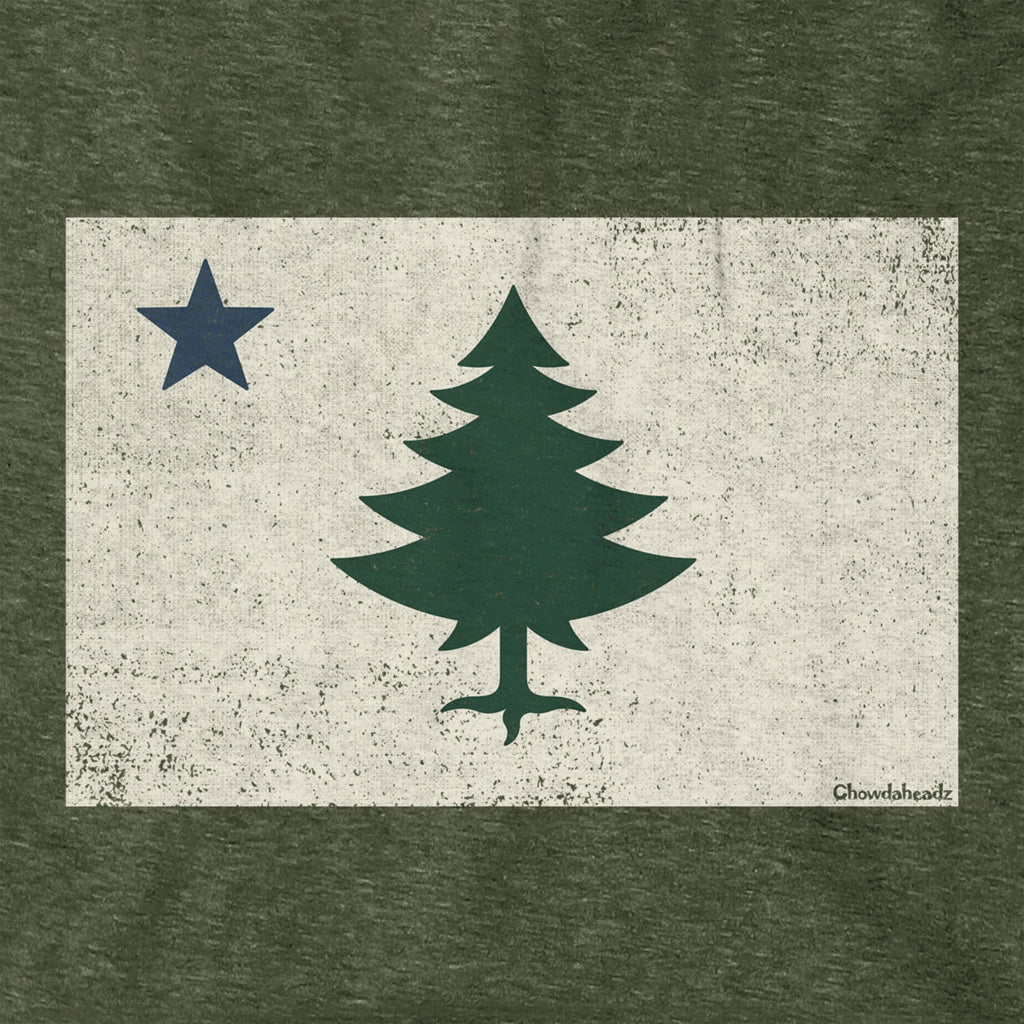 Vintage Maine Flag Hoodie — graphic detail in Military Green