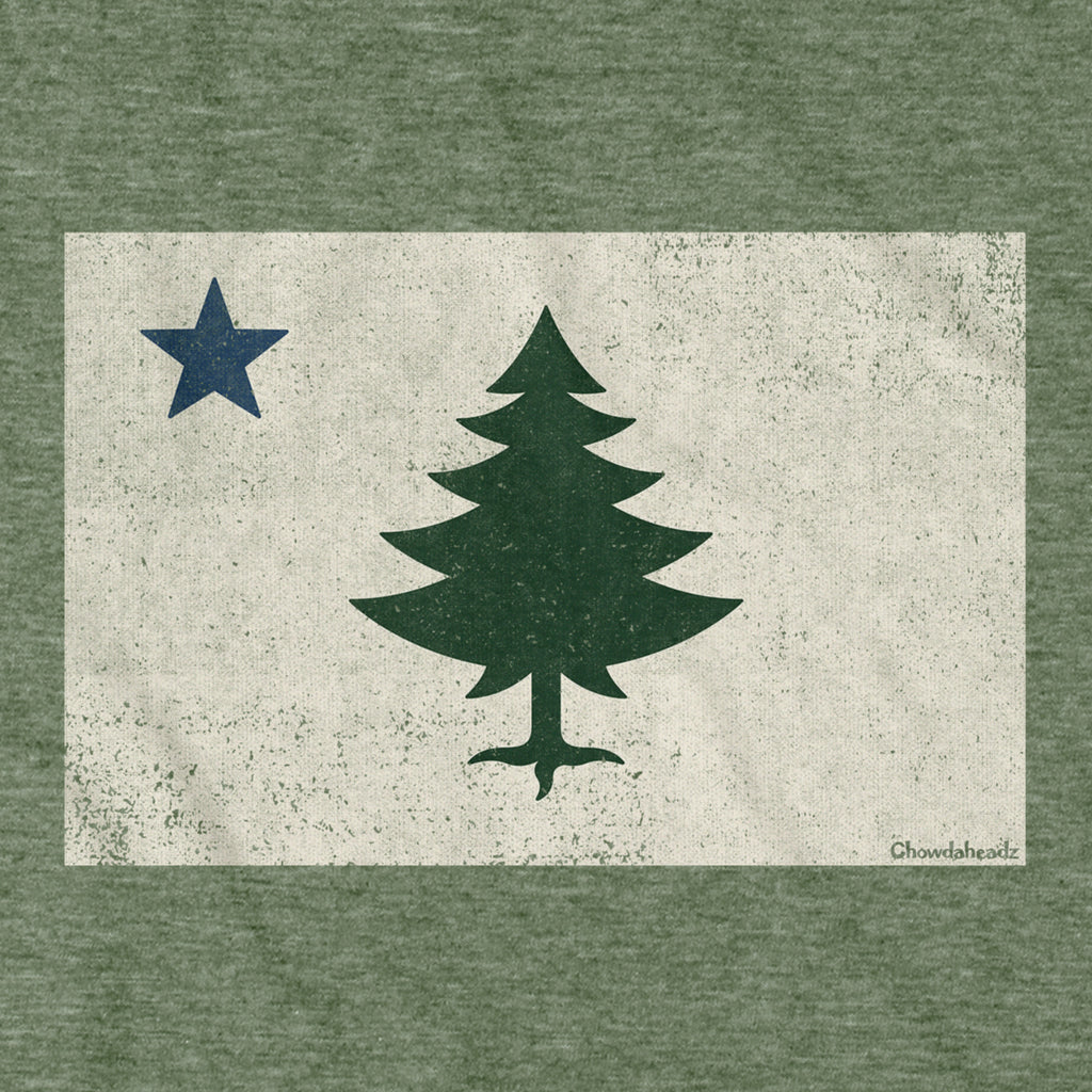 Vintage Maine Flag T-Shirt — graphic detail in Military Green