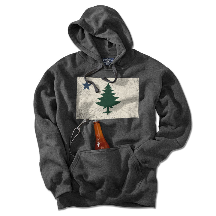 Vintage Maine Flag Tailgater Hoodie — hoodie flat lay in Charcoal