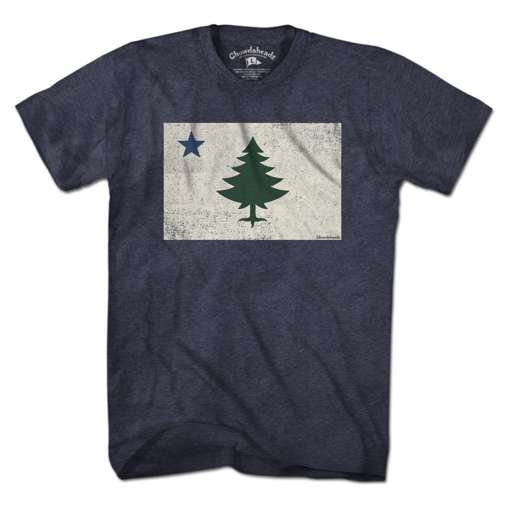 Vintage Maine Flag T-Shirt — men's tee flat lay in Heather Blue