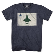 Vintage Maine Flag T-Shirt — men's tee flat lay in Heather Blue