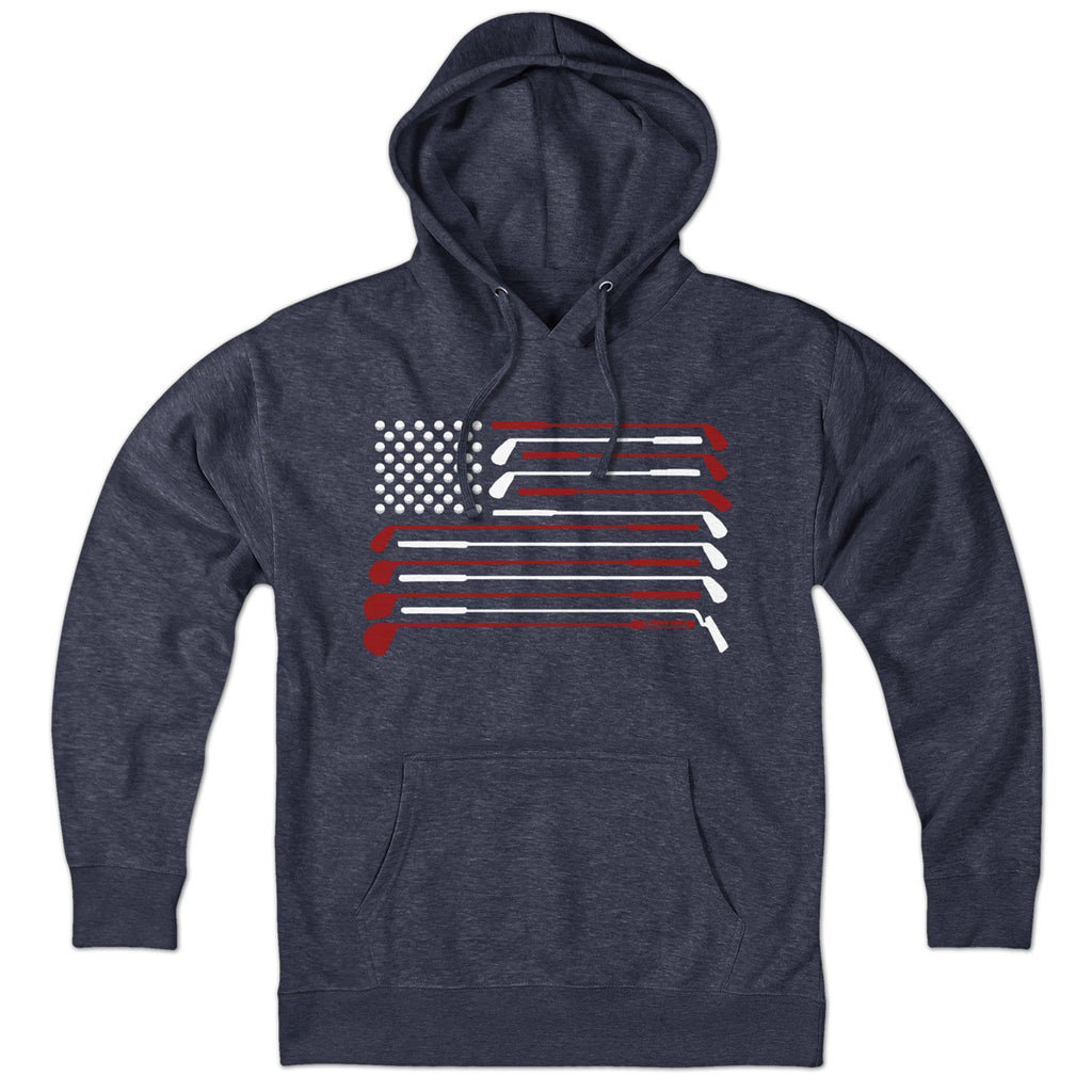 American Golfer hoodie in heather blue — patriotic golfer graphic with flag accent
