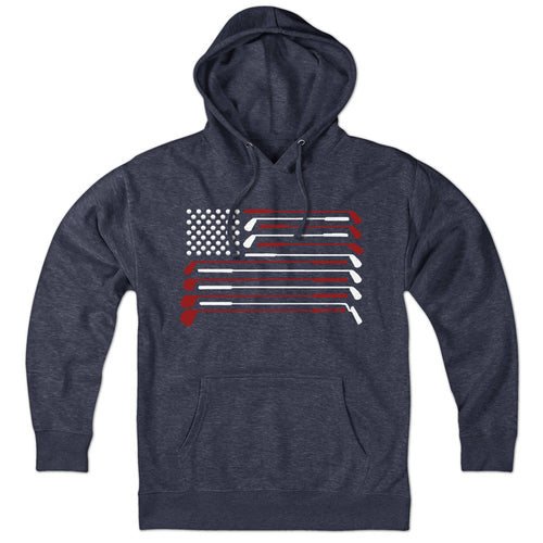 American Golfer hoodie in heather blue — patriotic golfer graphic with flag accent