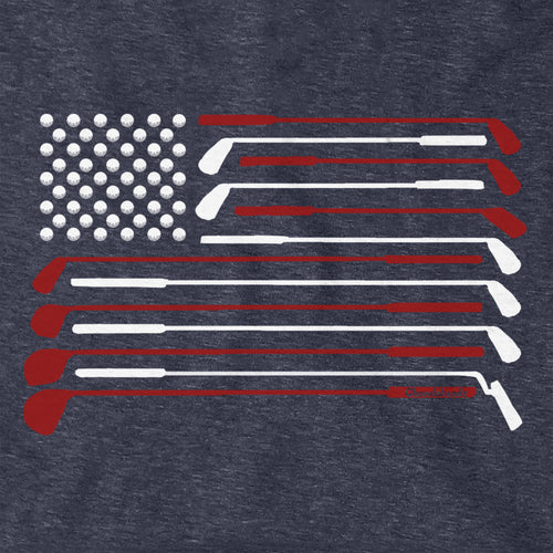 Close-up of heather blue American Golfer hoodie design — patriotic golfer illustration detail
