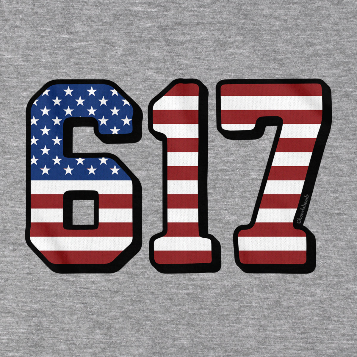 Close-up of Boston 617 USA t-shirt design — 617 and flag detail