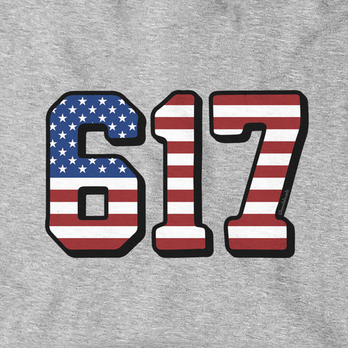 Close-up of Boston 617 USA hoodie design — 617 and flag detail