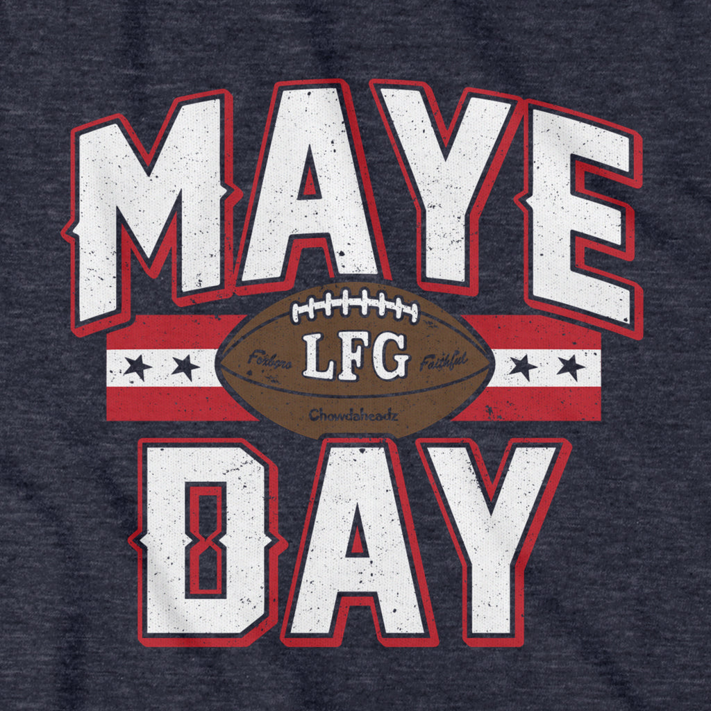 Maye Day Football T-Shirt — graphic detail in Heather Blue