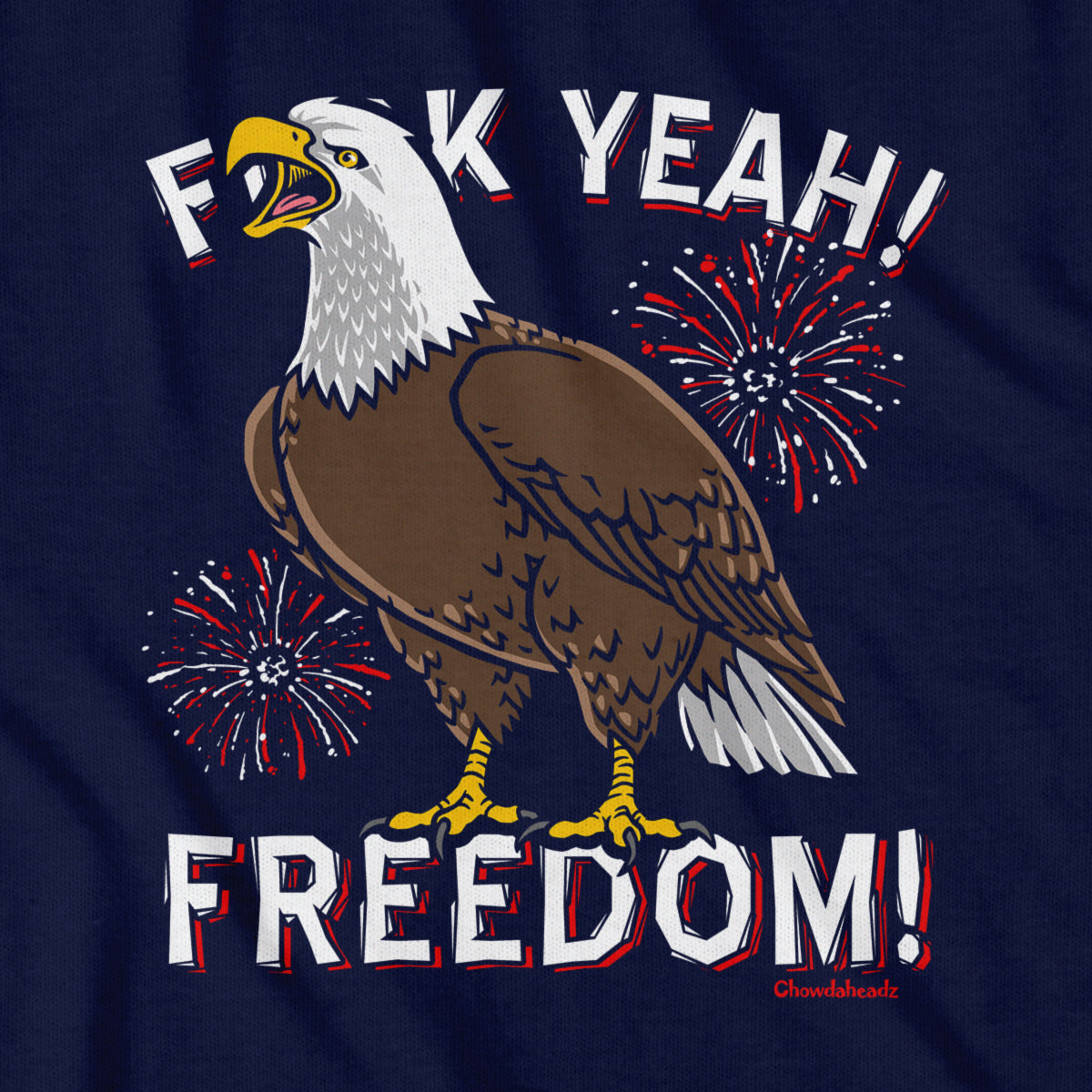 Close-up of F Yeah Freedom shirt design — bald eagle illustration detail