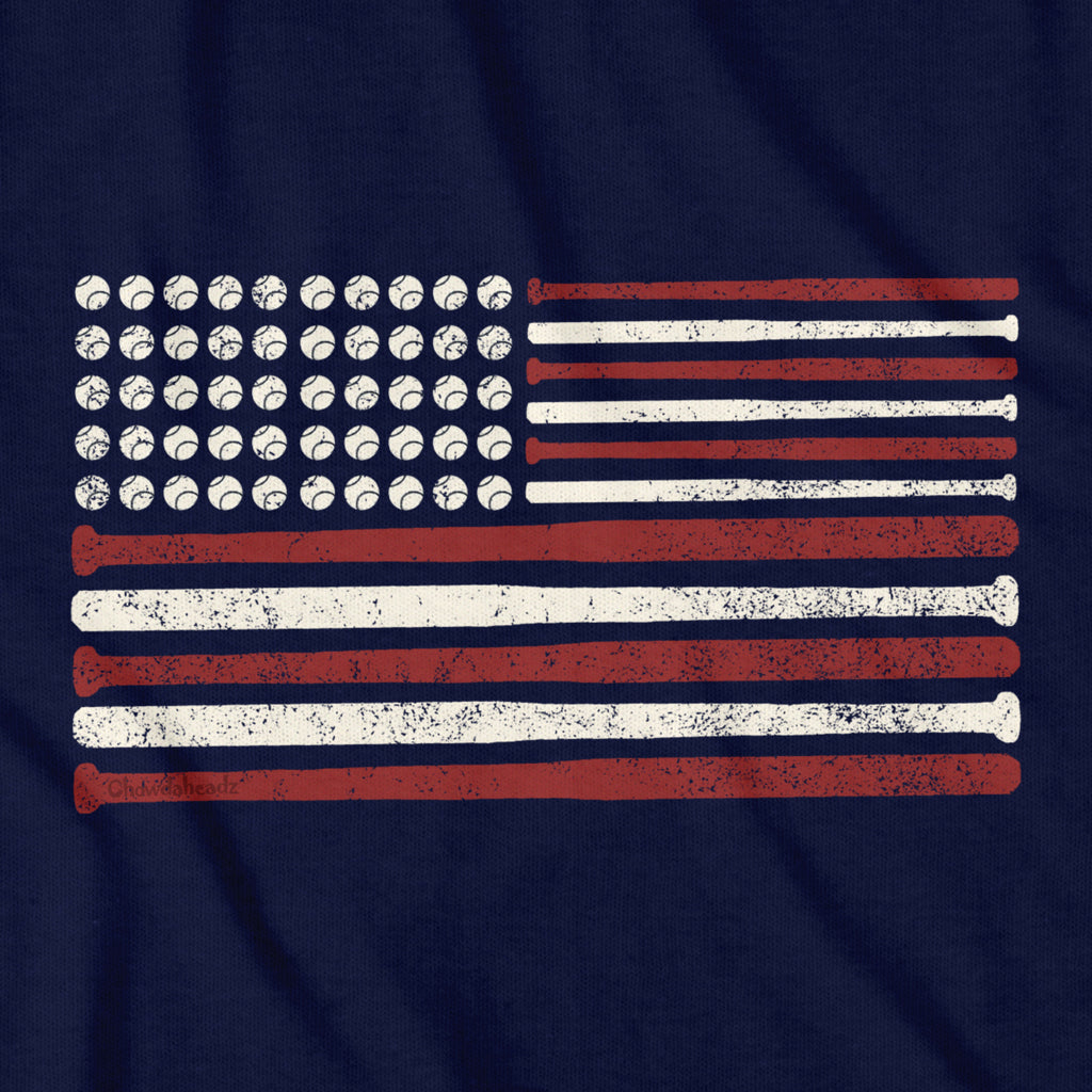 Close-up of navy USA Baseball Flag shirt design — baseball and stars-and-stripes detail