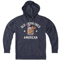 Old Fashioned American hoodie in heather blue — rocks-glass and flag graphic